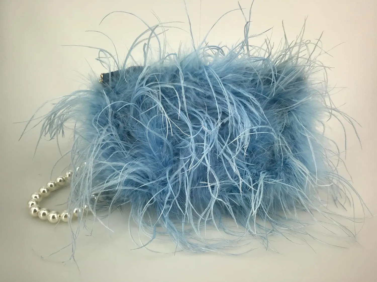LVCOMEFF Women Ostrich Feather Clutch Mini Purse with Pearl Chain Small Handbag Furry Luxurious Party