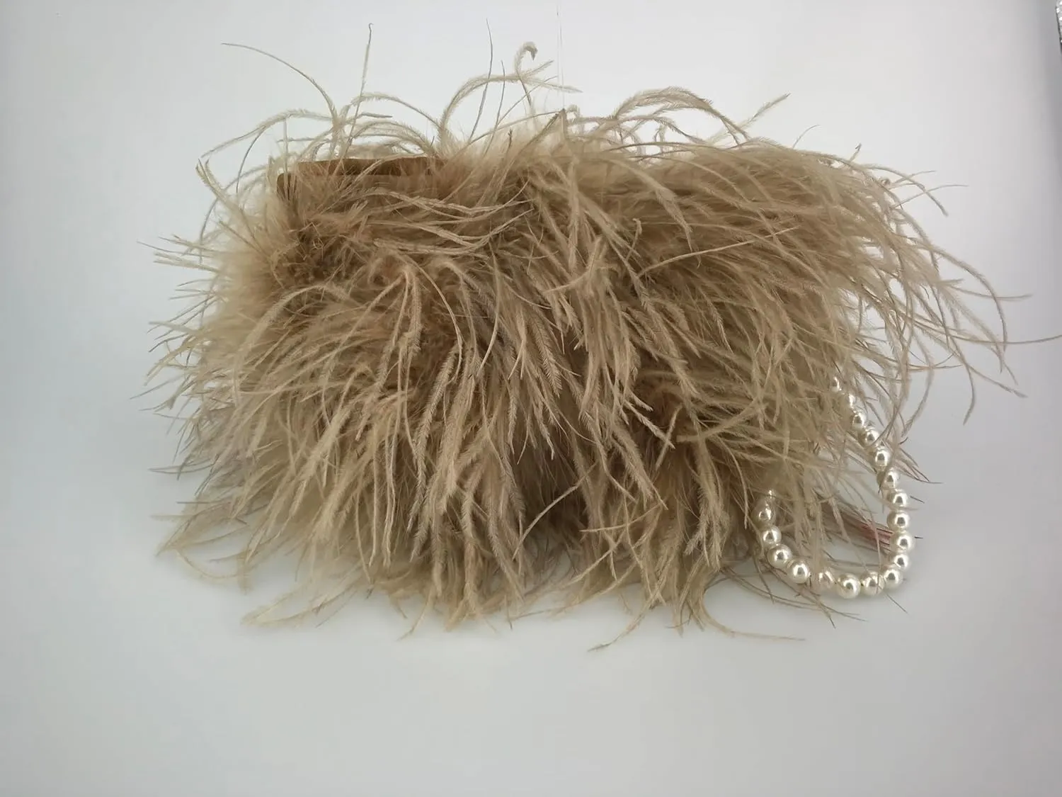 LVCOMEFF Women Ostrich Feather Clutch Mini Purse with Pearl Chain Small Handbag Furry Luxurious Party