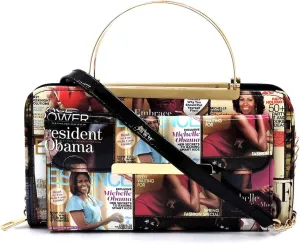 Magazine Cover Collage Round Top Handle Crossbody Bag Clutch Wallet
