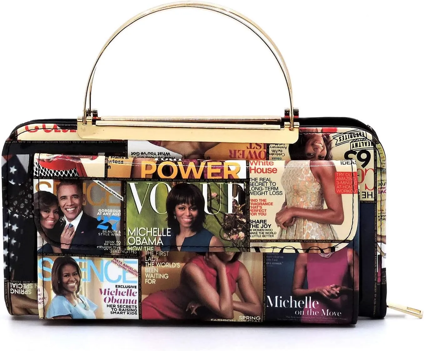 Magazine Cover Collage Round Top Handle Crossbody Bag Clutch Wallet