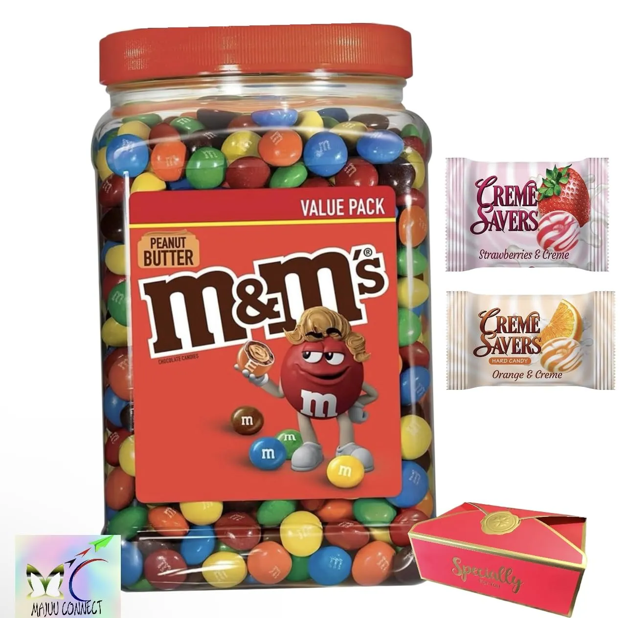 M&MS Bulk (M&MS Peanut Butter Milk Chocolate (1 Pack) Candy Jar | (55 oz) Classic Creamsaver hard candy Orange & Straberry Included |specially for you By MAJUU CONNECT Brand.