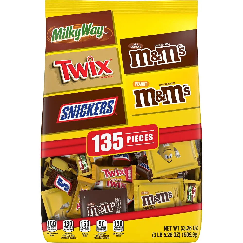 M&M'S Milk Chocolate, M&M'S Peanut, SNICKERS Chocolate Candy, TWIX Caramel Cookie Bar & MILKY WAY Caramel Milk Chocolate Bulk Halloween Candy Assortment, 53.26oz (135 Pieces)