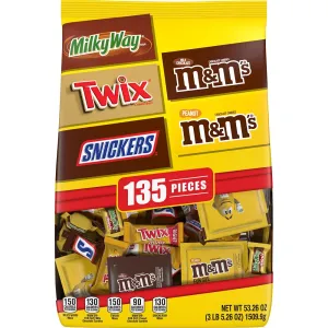 M&M'S Milk Chocolate, M&M'S Peanut, SNICKERS Chocolate Candy, TWIX Caramel Cookie Bar & MILKY WAY Caramel Milk Chocolate Bulk Halloween Candy Assortment, 53.26oz (135 Pieces)