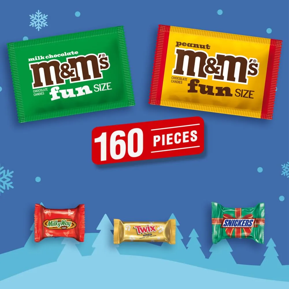 M&M'S Milk Chocolate, M&M'S Peanut, SNICKERS, TWIX, & MILKY WAY Fun Size and Mini Chocolate Christmas Candy Individually Wrapped Stock Stuffers Holiday Variety Pack, 160 Piece Bulk Bag