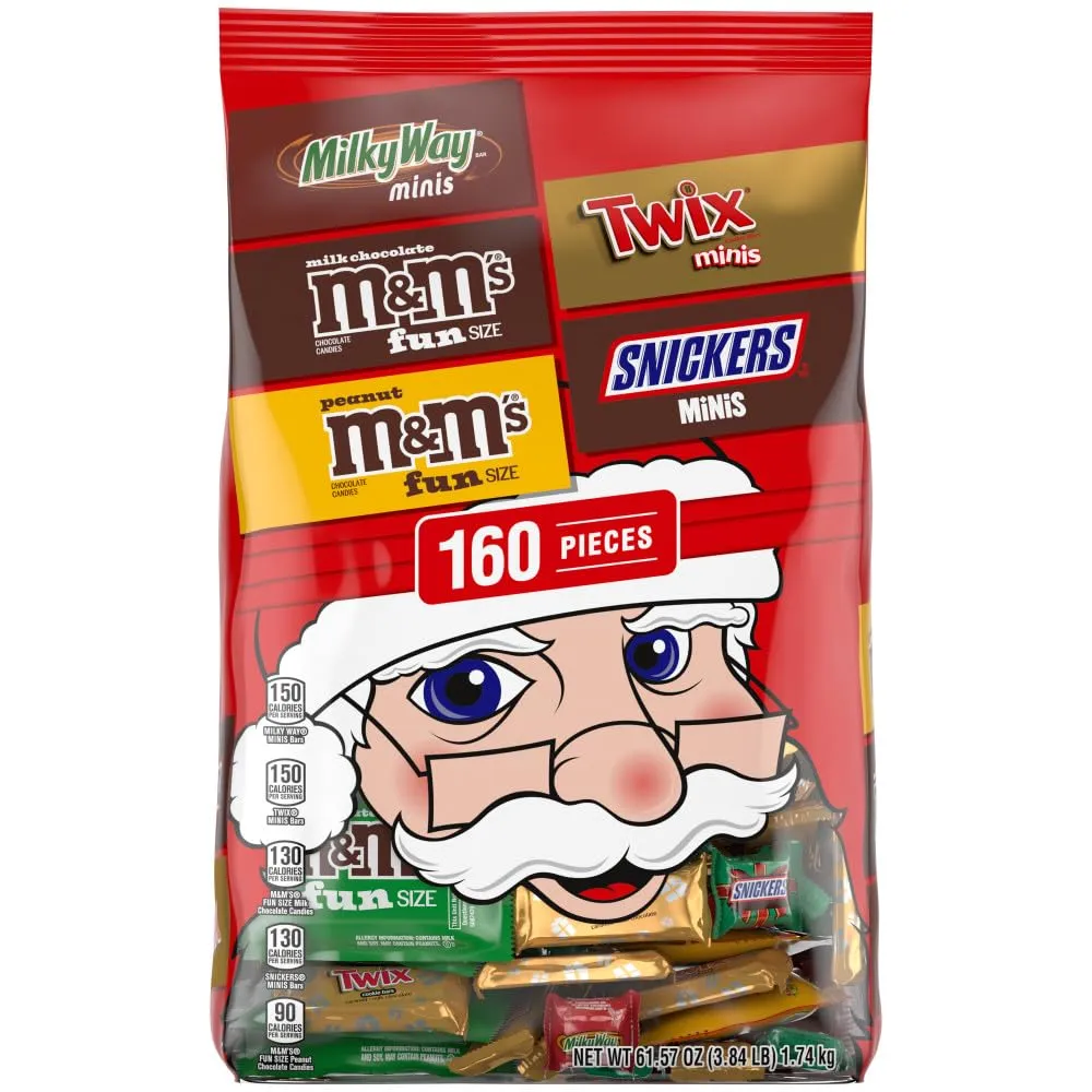 M&M'S Milk Chocolate, M&M'S Peanut, SNICKERS, TWIX, & MILKY WAY Fun Size and Mini Chocolate Christmas Candy Individually Wrapped Stock Stuffers Holiday Variety Pack, 160 Piece Bulk Bag
