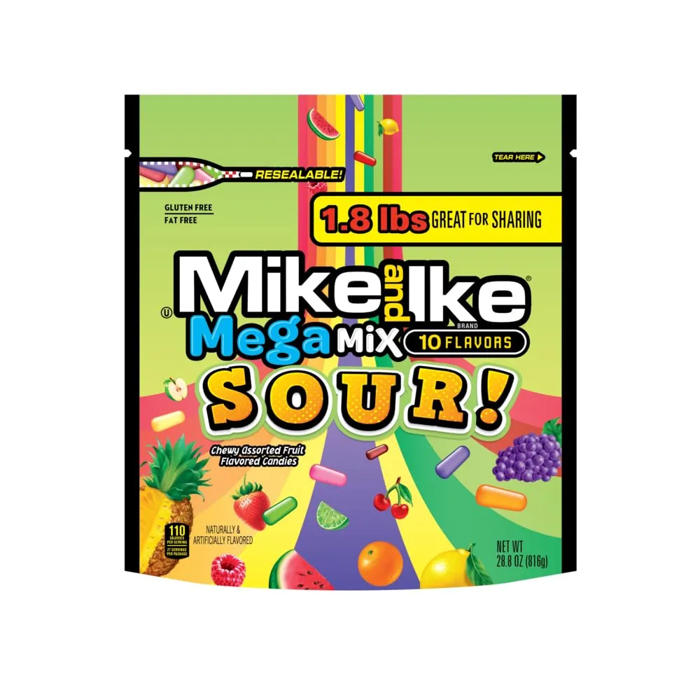Mega Mix Sour Mike and Ike Candy, 28.8 Ounce Bag (Pack of 2), Chewy Candy, Vending Machine Candy, Gummy Candy Mix, Sour Candy