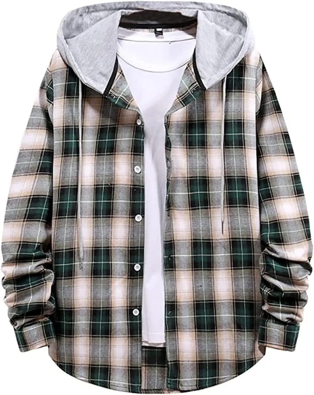 Men Hooded Plaid Shirts Button Splice Sweatshirt Long Sleeve Lattice Tops