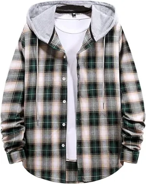Men Hooded Plaid Shirts Button Splice Sweatshirt Long Sleeve Lattice Tops