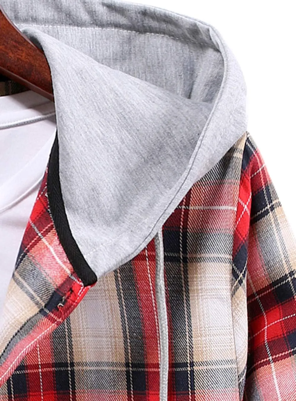 Men Hooded Plaid Shirts Button Splice Sweatshirt Long Sleeve Lattice Tops
