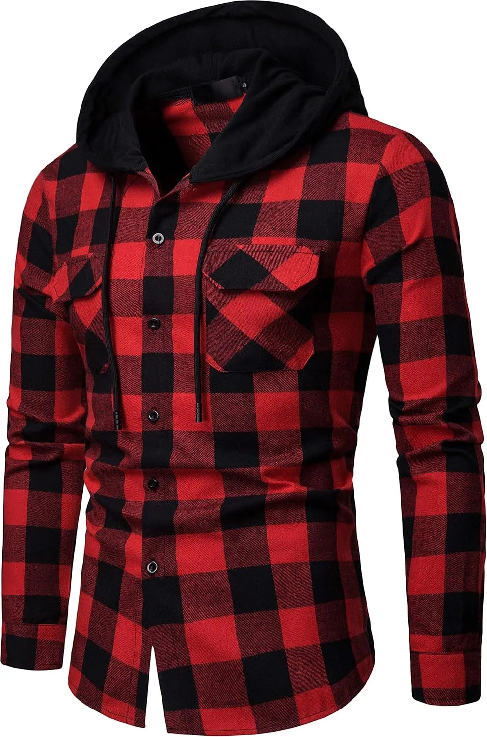 Men Hooded Plaid Shirts Button Splice Sweatshirt Long Sleeve Lattice Tops