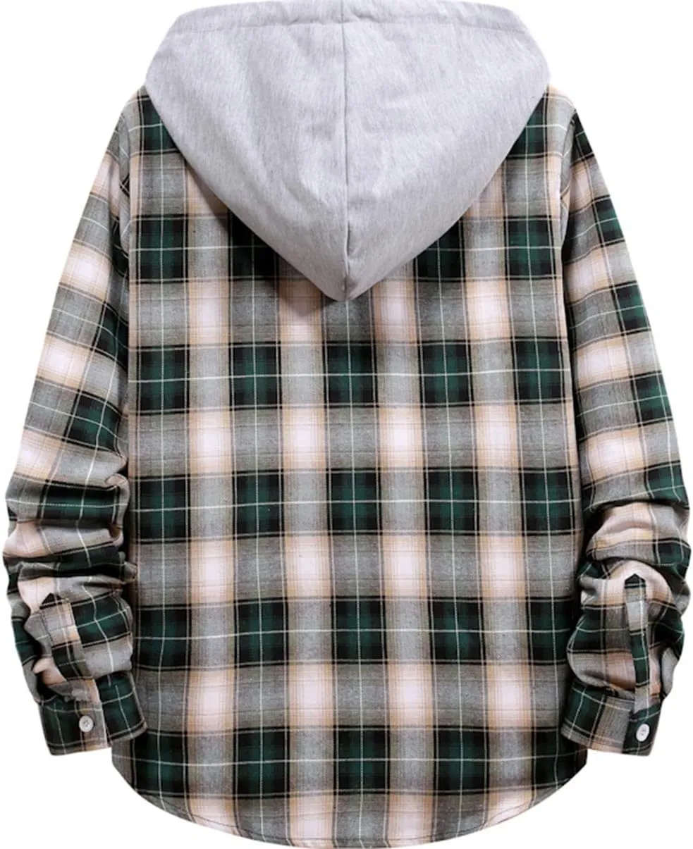 Men Hooded Plaid Shirts Button Splice Sweatshirt Long Sleeve Lattice Tops