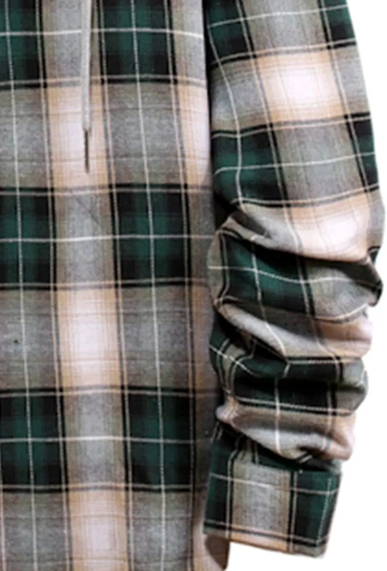 Men Hooded Plaid Shirts Button Splice Sweatshirt Long Sleeve Lattice Tops