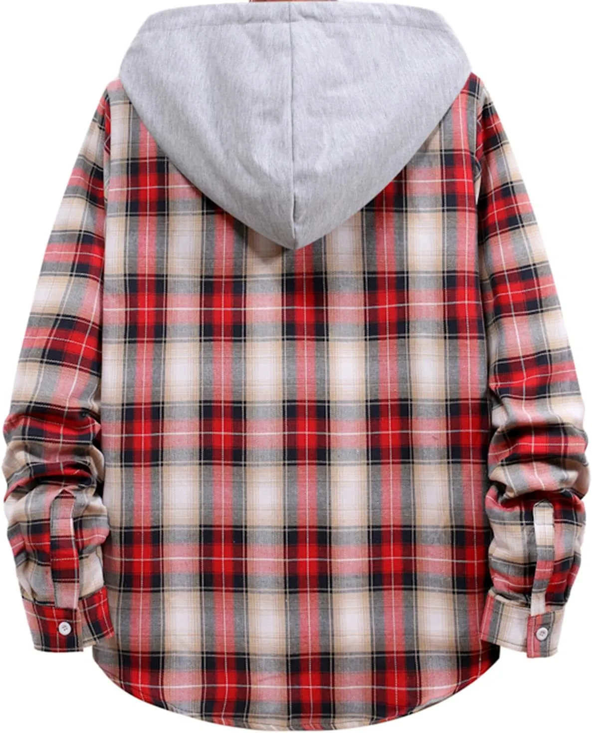 Men Hooded Plaid Shirts Button Splice Sweatshirt Long Sleeve Lattice Tops