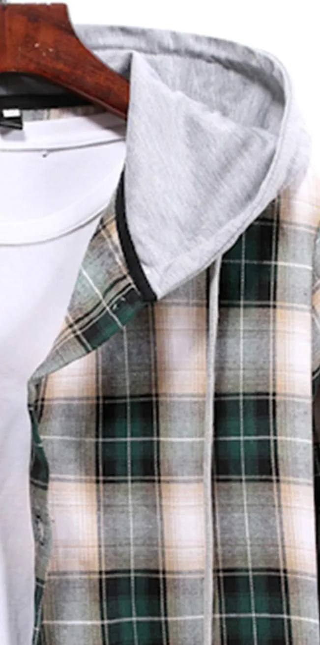 Men Hooded Plaid Shirts Button Splice Sweatshirt Long Sleeve Lattice Tops