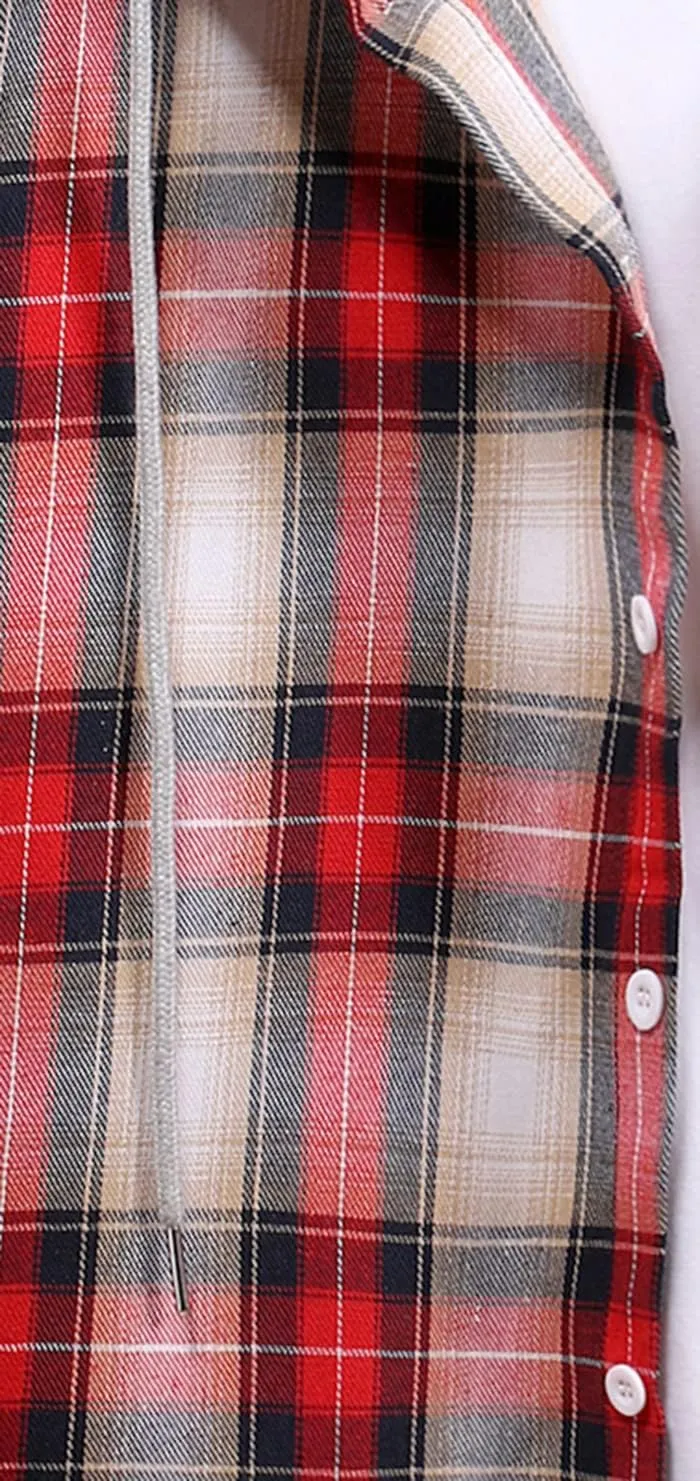 Men Hooded Plaid Shirts Button Splice Sweatshirt Long Sleeve Lattice Tops