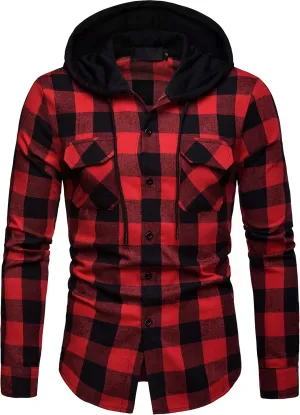 Men Hooded Plaid Shirts Button Splice Sweatshirt Long Sleeve Lattice Tops