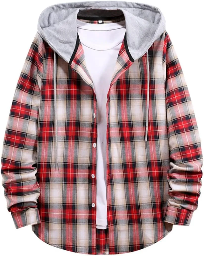Men Hooded Plaid Shirts Button Splice Sweatshirt Long Sleeve Lattice Tops