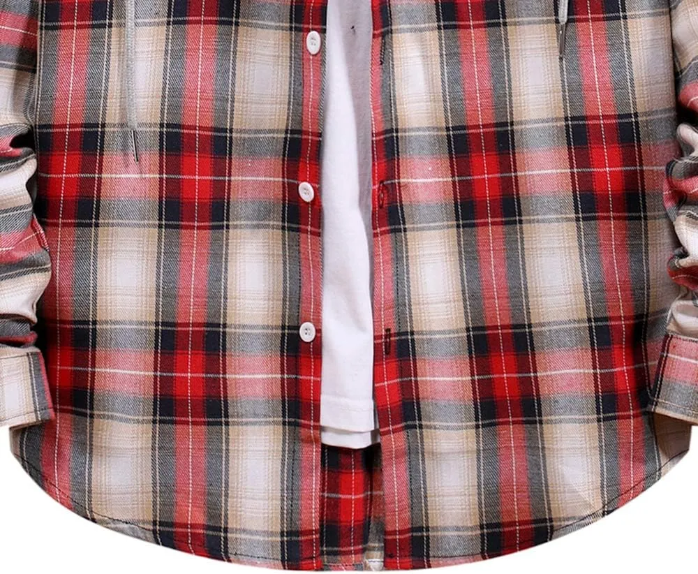 Men Hooded Plaid Shirts Button Splice Sweatshirt Long Sleeve Lattice Tops