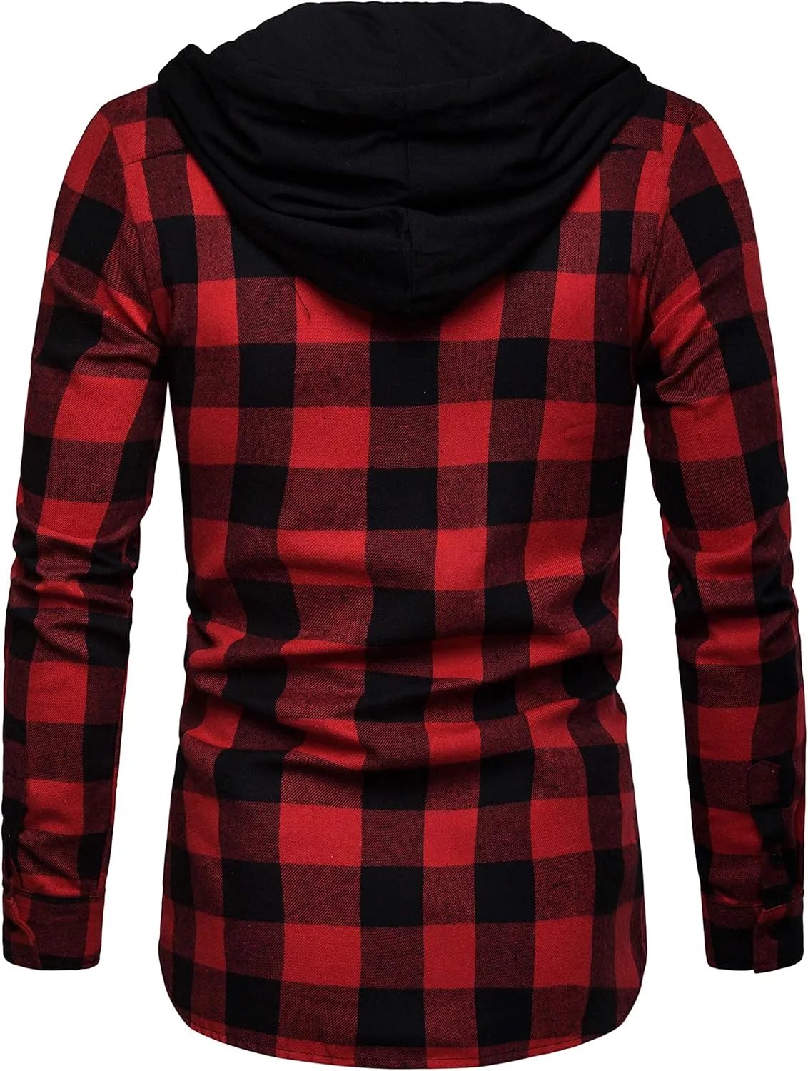 Men Hooded Plaid Shirts Button Splice Sweatshirt Long Sleeve Lattice Tops