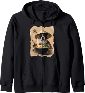 Men Woman Kawaii Eating Ramen Japanese Boston Terrier Zip Hoodie