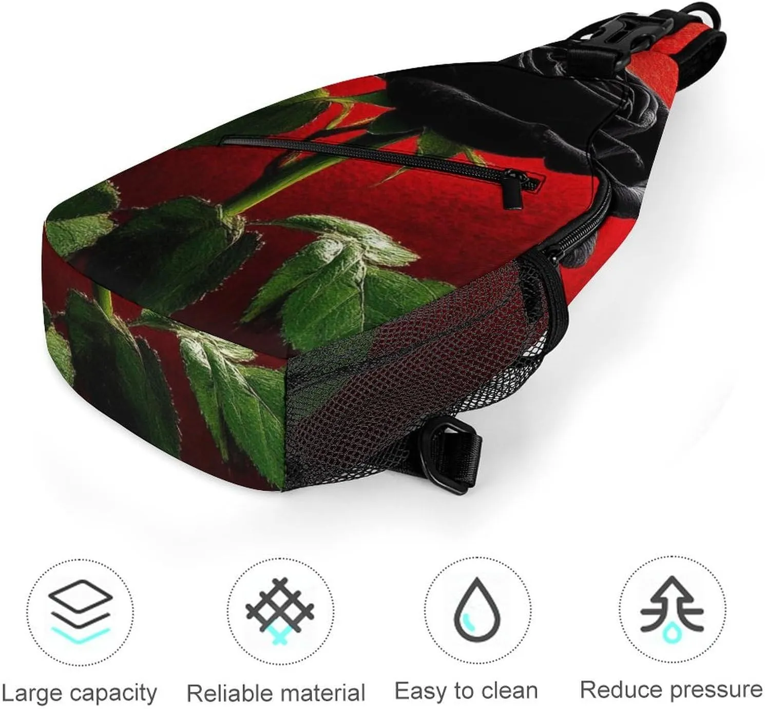 Men Women Casual Sling Bag, Black Rose Art Crossbody Chest Bag, Large Capacity Shoulder Bag Adjustable Gym Hiking Daypack