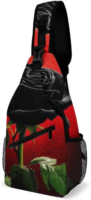 Men Women Casual Sling Bag, Black Rose Art Crossbody Chest Bag, Large Capacity Shoulder Bag Adjustable Gym Hiking Daypack