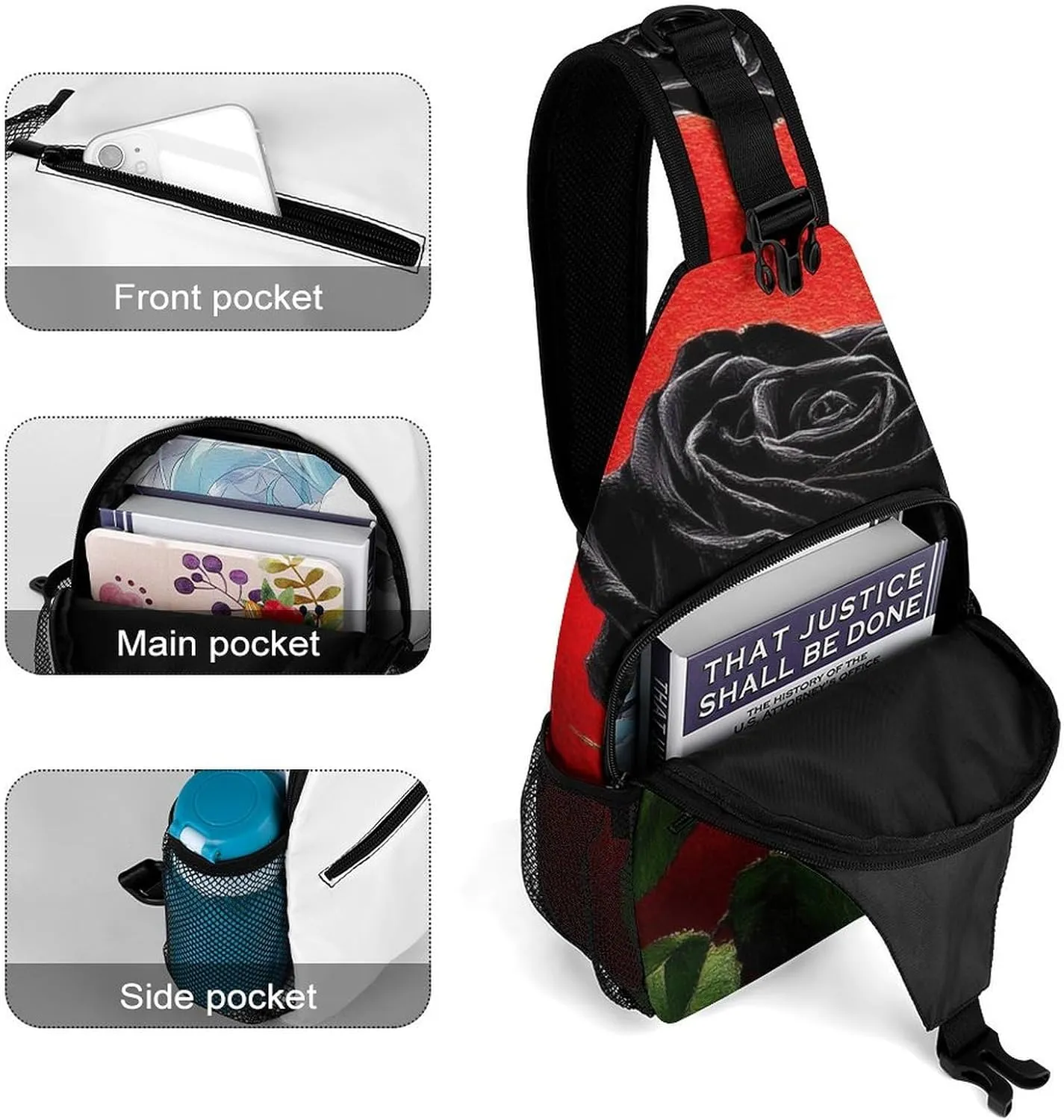 Men Women Casual Sling Bag, Black Rose Art Crossbody Chest Bag, Large Capacity Shoulder Bag Adjustable Gym Hiking Daypack