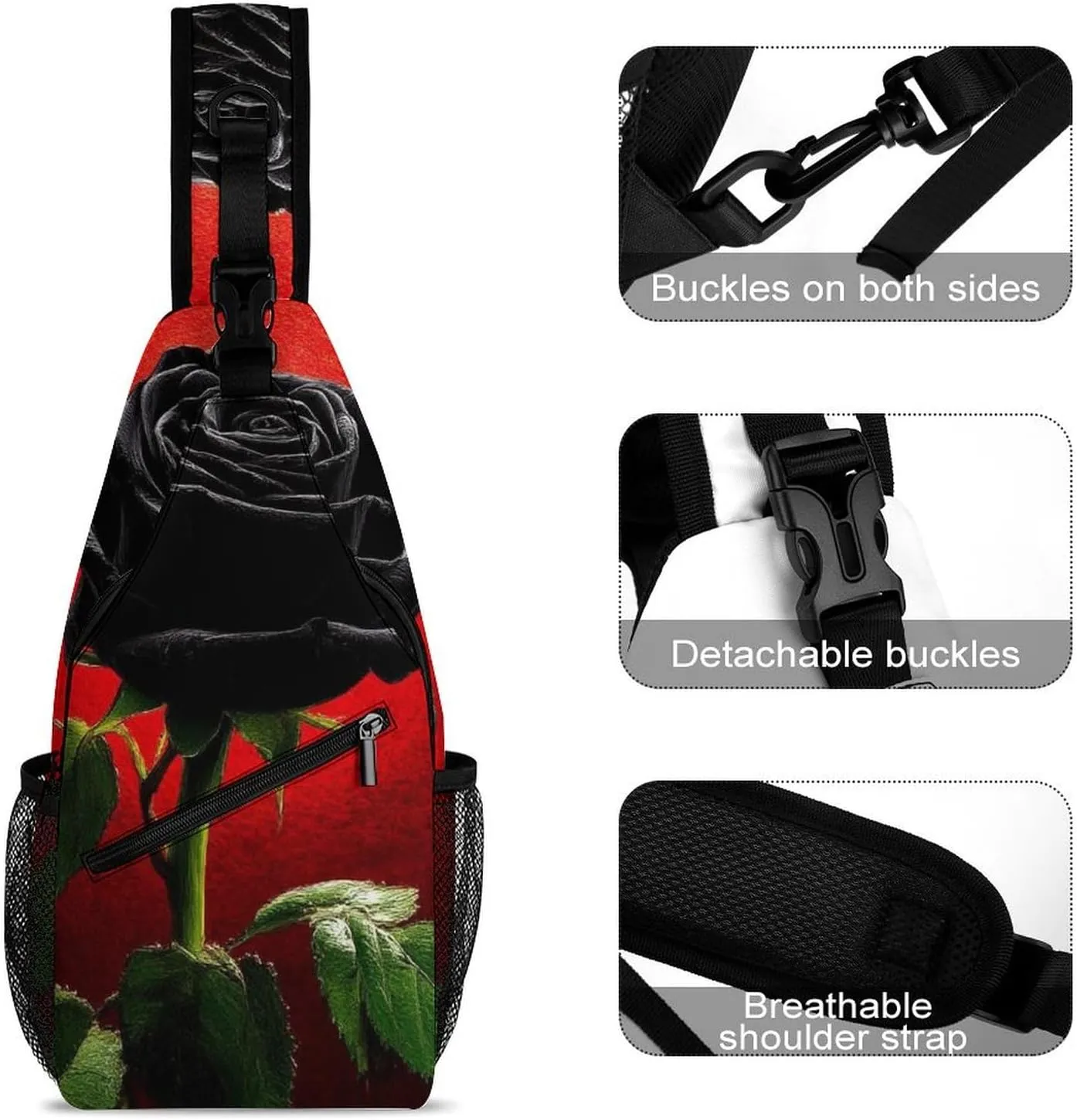Men Women Casual Sling Bag, Black Rose Art Crossbody Chest Bag, Large Capacity Shoulder Bag Adjustable Gym Hiking Daypack
