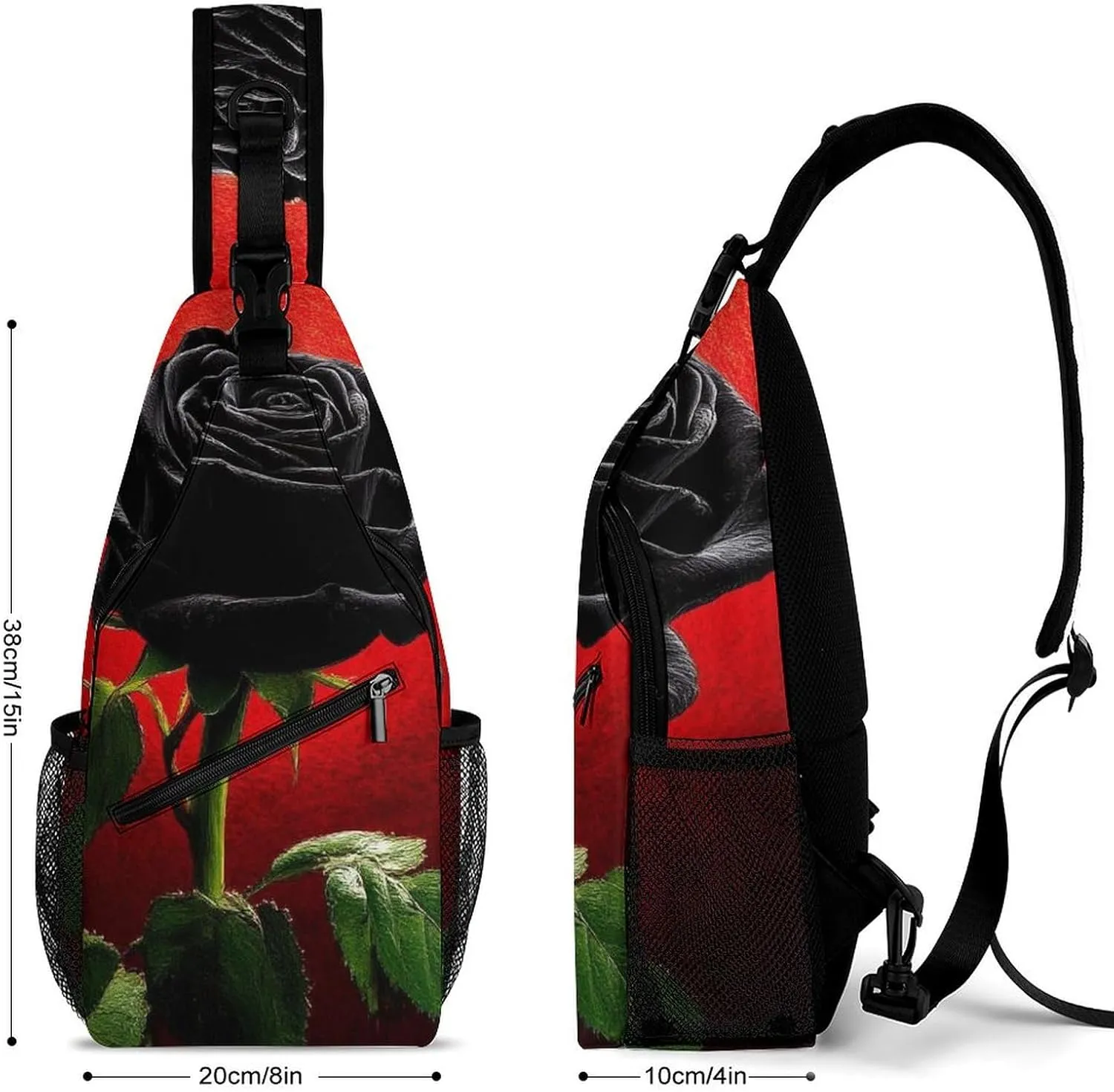 Men Women Casual Sling Bag, Black Rose Art Crossbody Chest Bag, Large Capacity Shoulder Bag Adjustable Gym Hiking Daypack