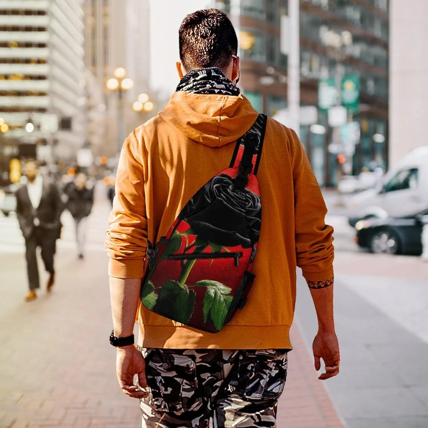Men Women Casual Sling Bag, Black Rose Art Crossbody Chest Bag, Large Capacity Shoulder Bag Adjustable Gym Hiking Daypack
