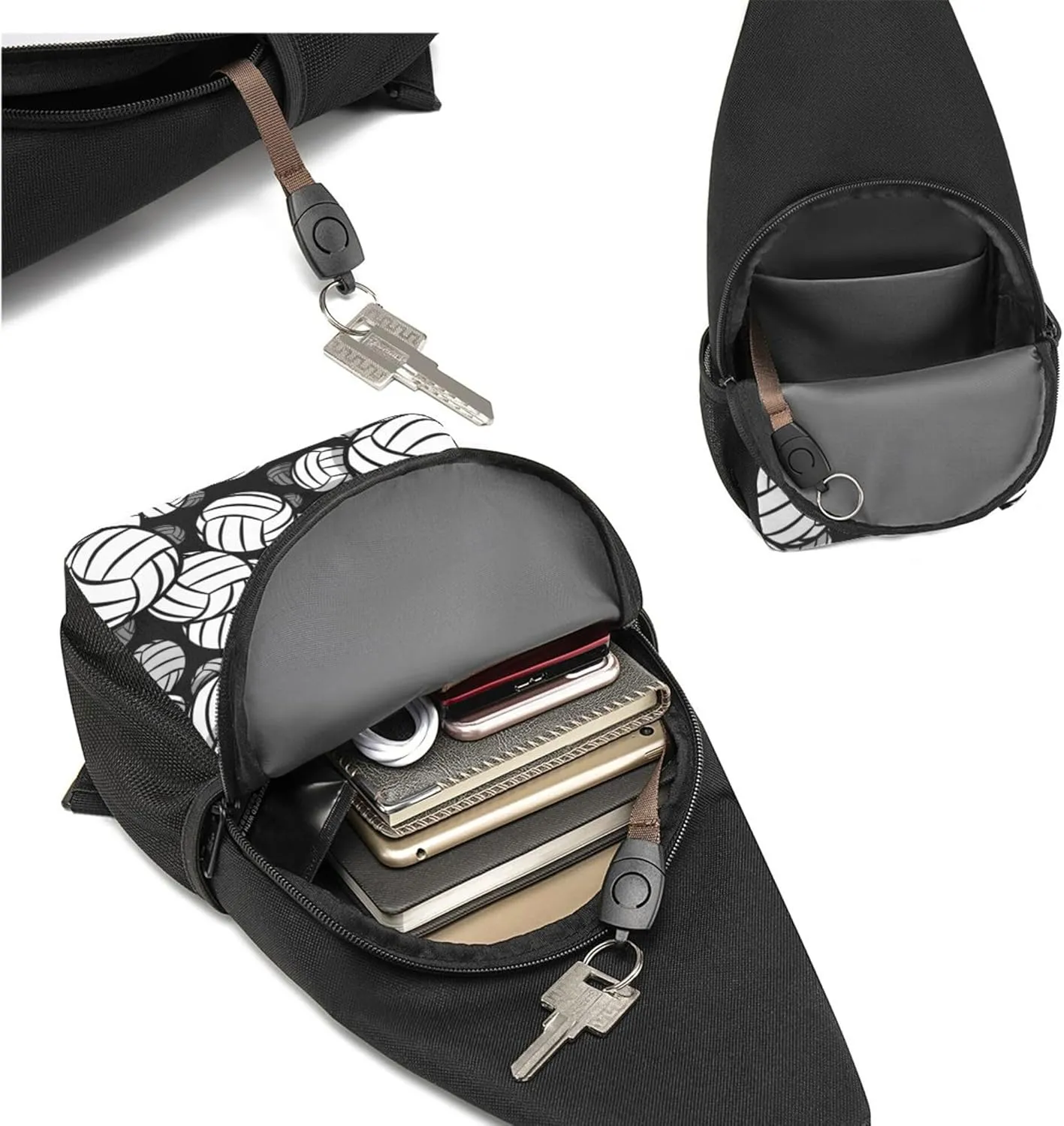 Men's Crossbody Bag Anti Theft Shoulder Backpack, Funny and Chest Bags Compatible with Black And White Volleyball Ball for Fishing Cycling Hiking, Lightweight and Large Capacity