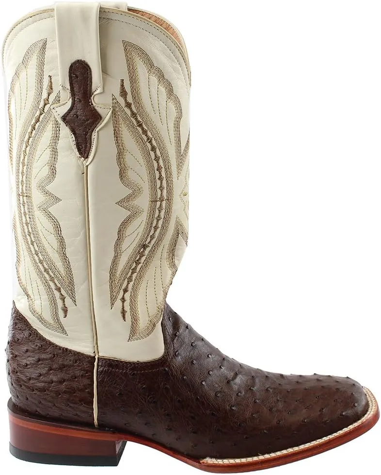 Mens Full Quill Ostrich Square Toe Casual Boots Mid Calf - Brown, White