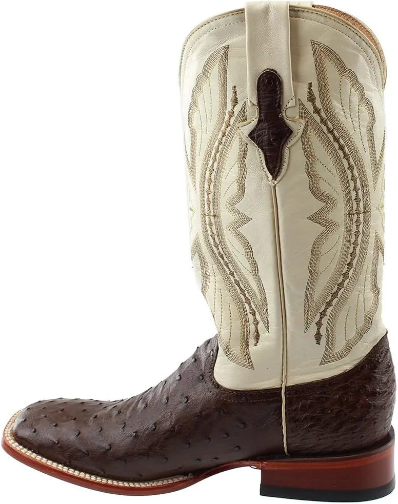 Mens Full Quill Ostrich Square Toe Casual Boots Mid Calf - Brown, White