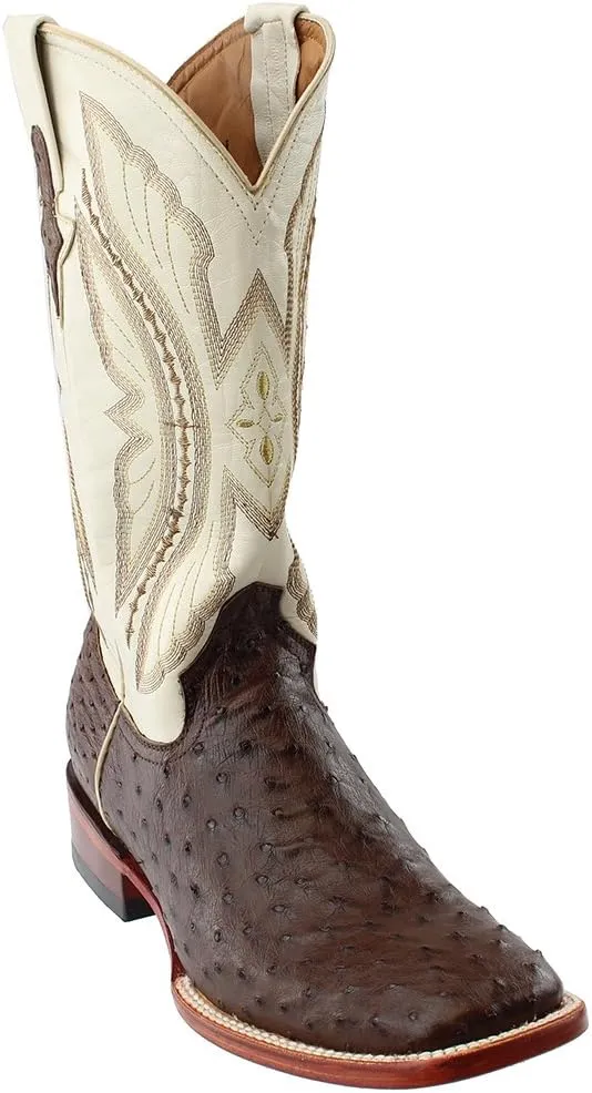 Mens Full Quill Ostrich Square Toe Casual Boots Mid Calf - Brown, White