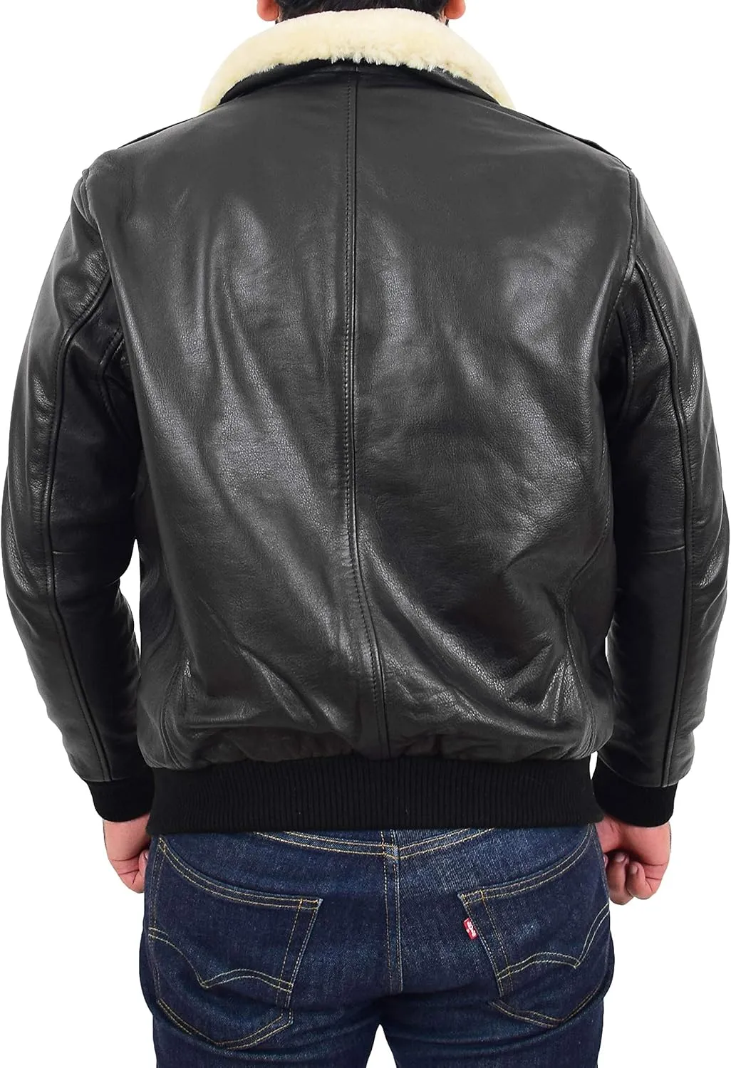 Mens Genuine Cowhide Pilot Leather Jacket Sheepskin Collar Aviator Bomber Dylan
