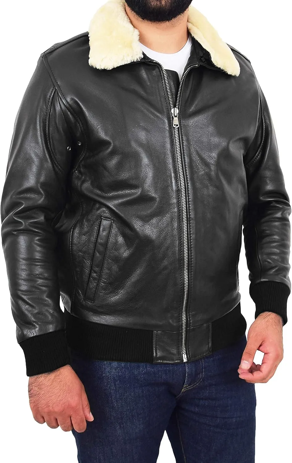 Mens Genuine Cowhide Pilot Leather Jacket Sheepskin Collar Aviator Bomber Dylan