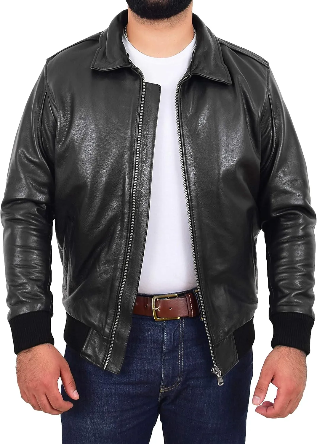 Mens Genuine Cowhide Pilot Leather Jacket Sheepskin Collar Aviator Bomber Dylan