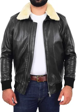 Mens Genuine Cowhide Pilot Leather Jacket Sheepskin Collar Aviator Bomber Dylan