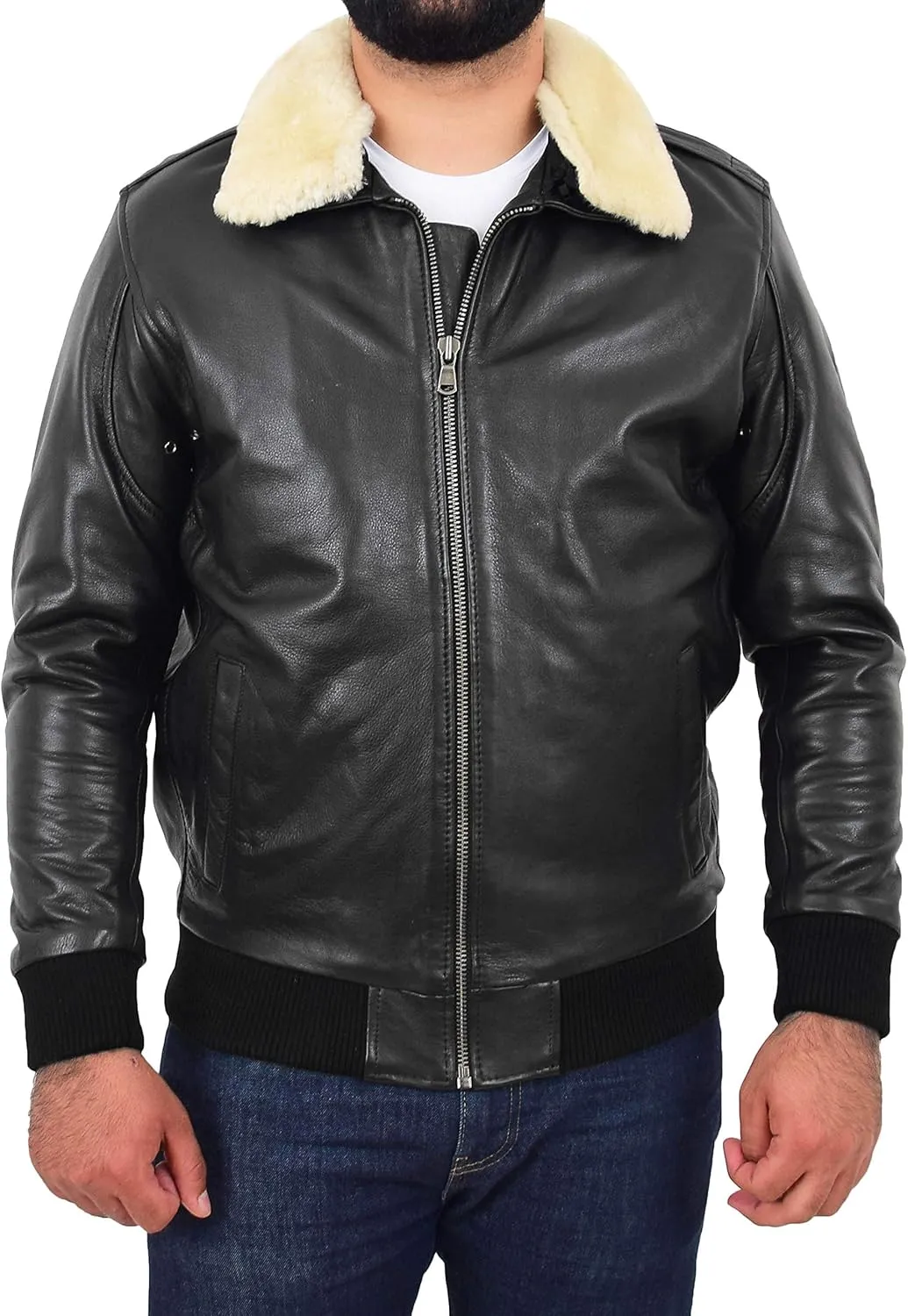 Mens Genuine Cowhide Pilot Leather Jacket Sheepskin Collar Aviator Bomber Dylan