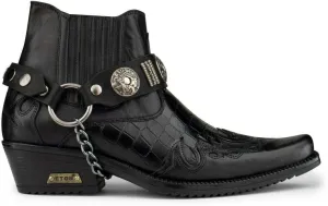 Men's Leather Crocodile Design Cowboy Western Ankle Boots with Cuban Heels and Metal Chain