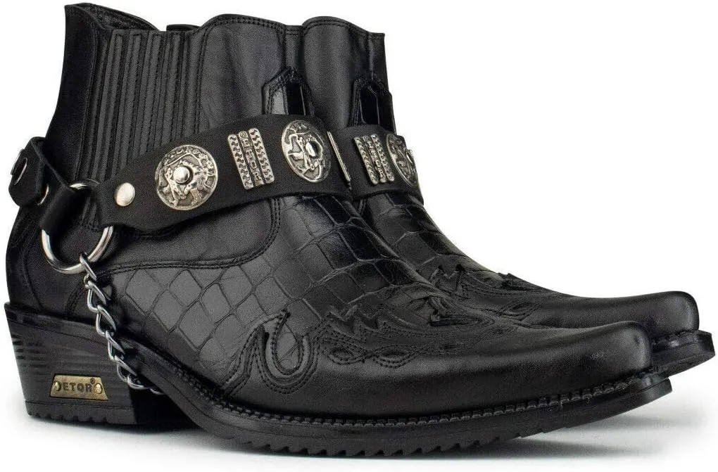 Men's Leather Crocodile Design Cowboy Western Ankle Boots with Cuban Heels and Metal Chain