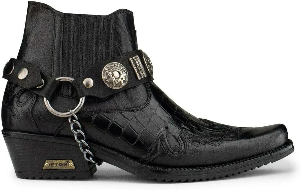 Men's Leather Crocodile Design Cowboy Western Ankle Boots with Cuban Heels and Metal Chain