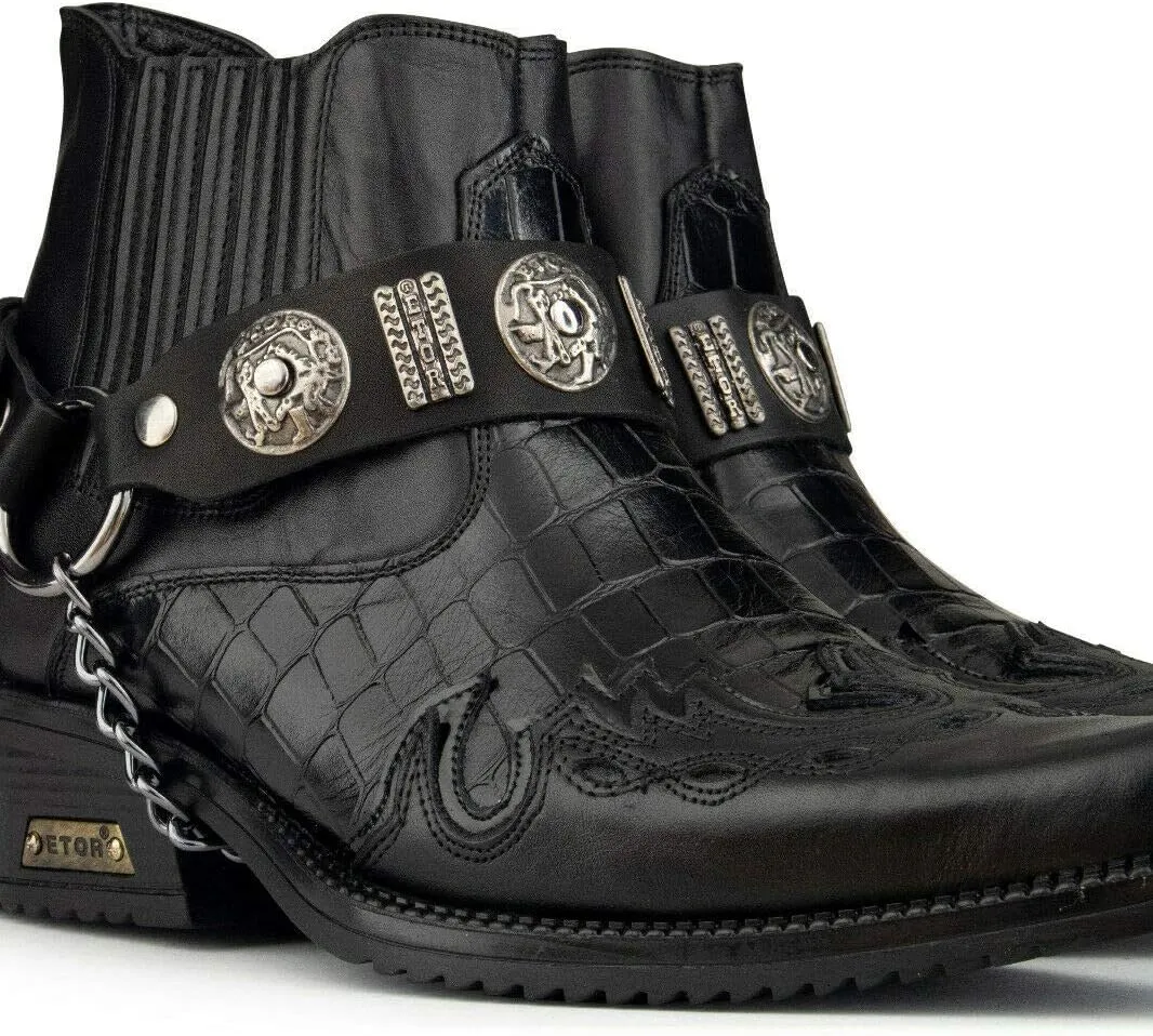 Men's Leather Crocodile Design Cowboy Western Ankle Boots with Cuban Heels and Metal Chain