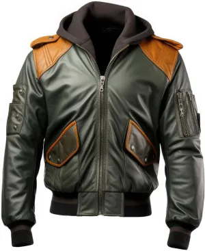 Men’s Olive Green Brown Genuine Sheepskin Hooded Baggy Aviator Flight Pilot Winter Warm Bomber Leather Jacket