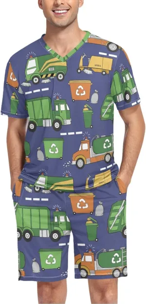 Mens Pajama Set Short Sleeve Hand Drawn Garbage Trucks 2-piece Lounge Sleep Sets Men's Sleepwear S-XXL