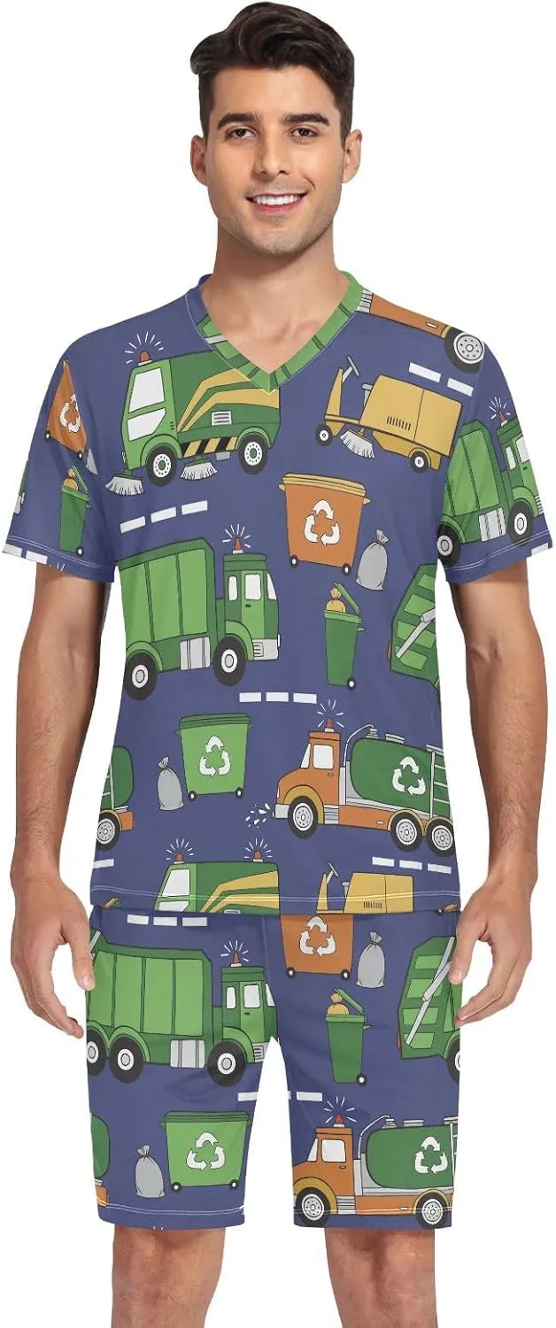 Mens Pajama Set Short Sleeve Hand Drawn Garbage Trucks 2-piece Lounge Sleep Sets Men's Sleepwear S-XXL
