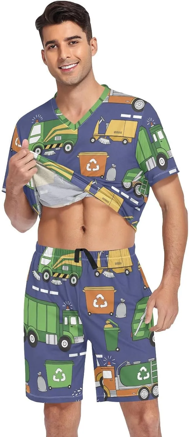 Mens Pajama Set Short Sleeve Hand Drawn Garbage Trucks 2-piece Lounge Sleep Sets Men's Sleepwear S-XXL