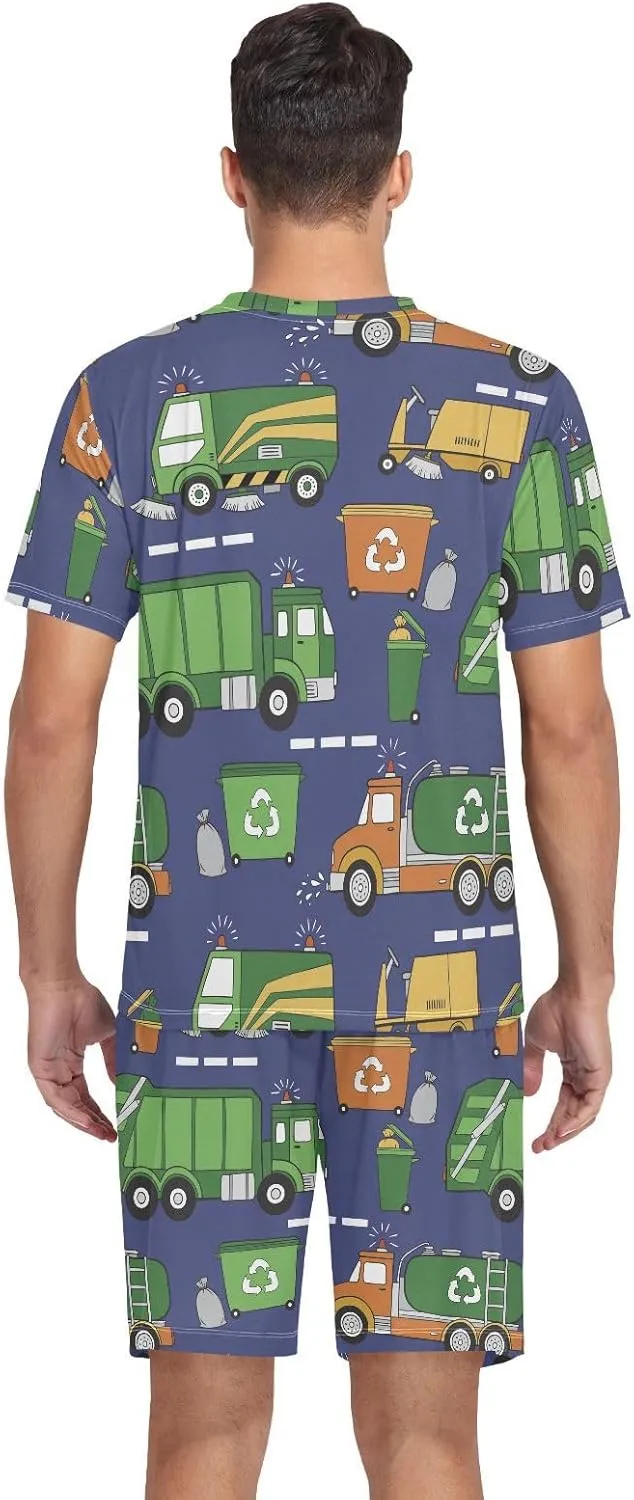 Mens Pajama Set Short Sleeve Hand Drawn Garbage Trucks 2-piece Lounge Sleep Sets Men's Sleepwear S-XXL