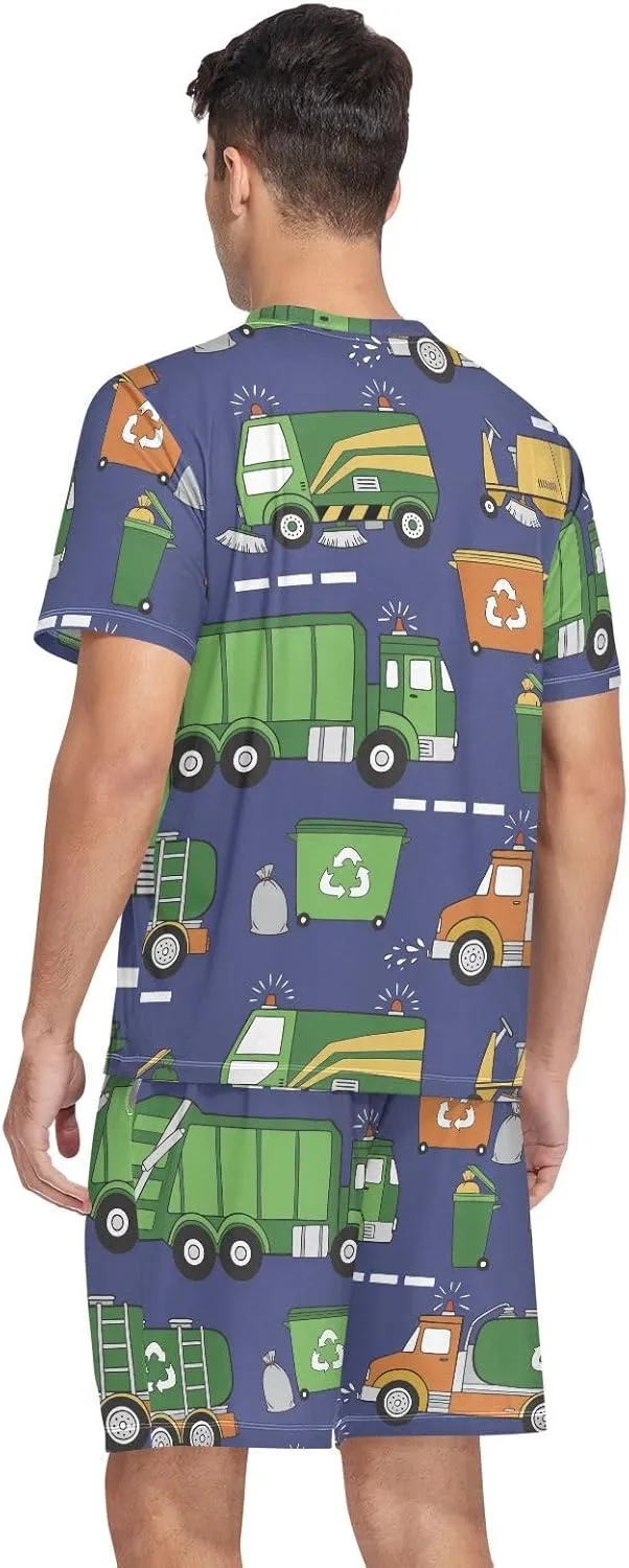 Mens Pajama Set Short Sleeve Hand Drawn Garbage Trucks 2-piece Lounge Sleep Sets Men's Sleepwear S-XXL