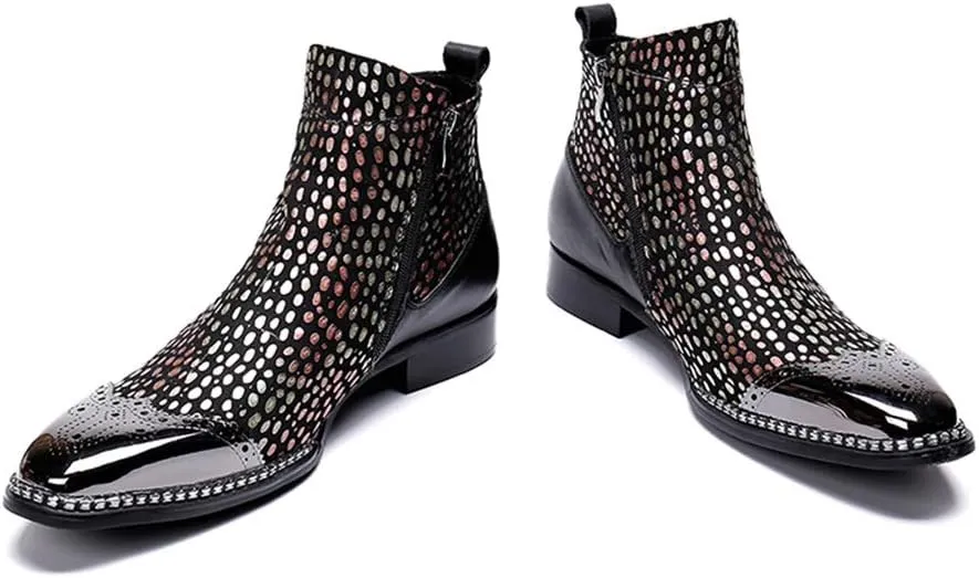 Men's Party Ankle Boot Casual Fine Ironing Drill Metal Toe Double Zipper Brogue High Top Boot